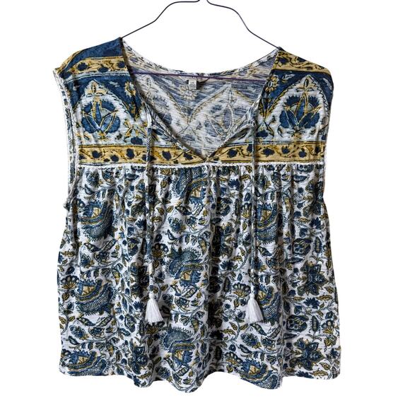 Lucky Brand Sleeveless Tank SZ L Blue Tassel V Neck Boho Bohemian Hippie Cotton - Picture 1 of 6